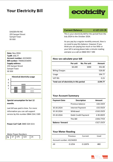 United Kingdom Ecotricity electricity business utility bill template in Word and PDF formats